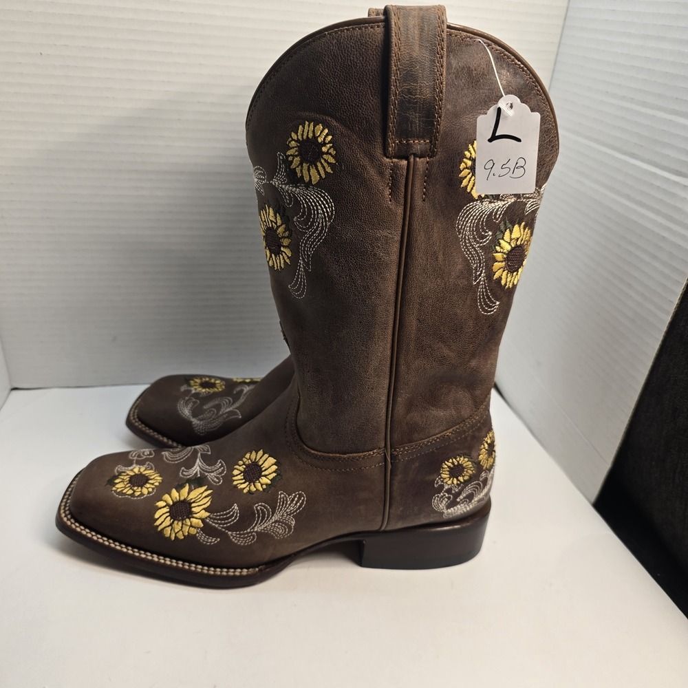 Shyanne Womens Sunflower Embroidered Brown Leather Square Toe Western Boots 9.5B - Picture 3 of 6